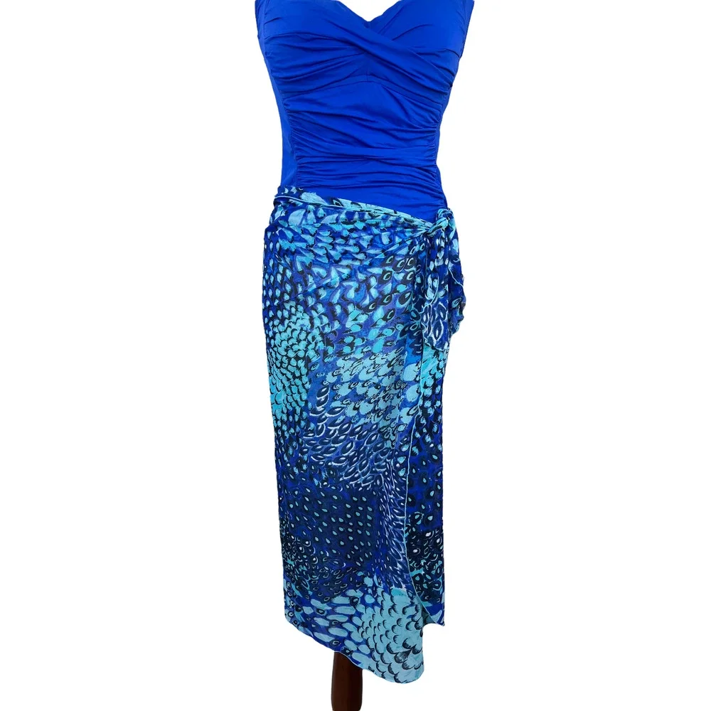 Women's Swim Coverup Long Sarong in Blue Print Sheer Waist Tie One Size
